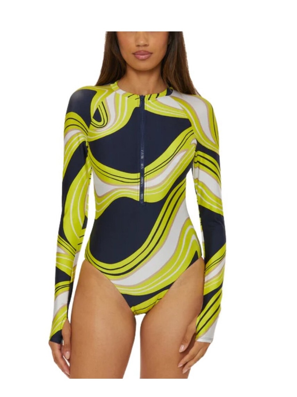 Trina Turk Lime, Navy & White Long-Sleeve Zip One-Piece Swimsuit